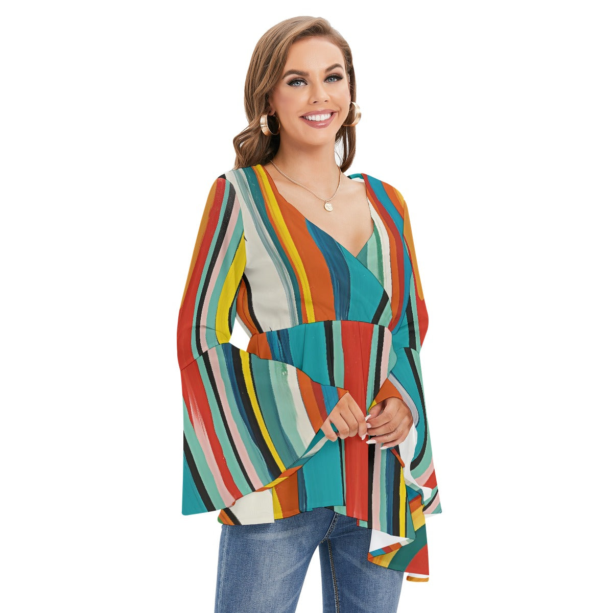 All-Over Print Women's V-neck Blouse With Flared Sleeves