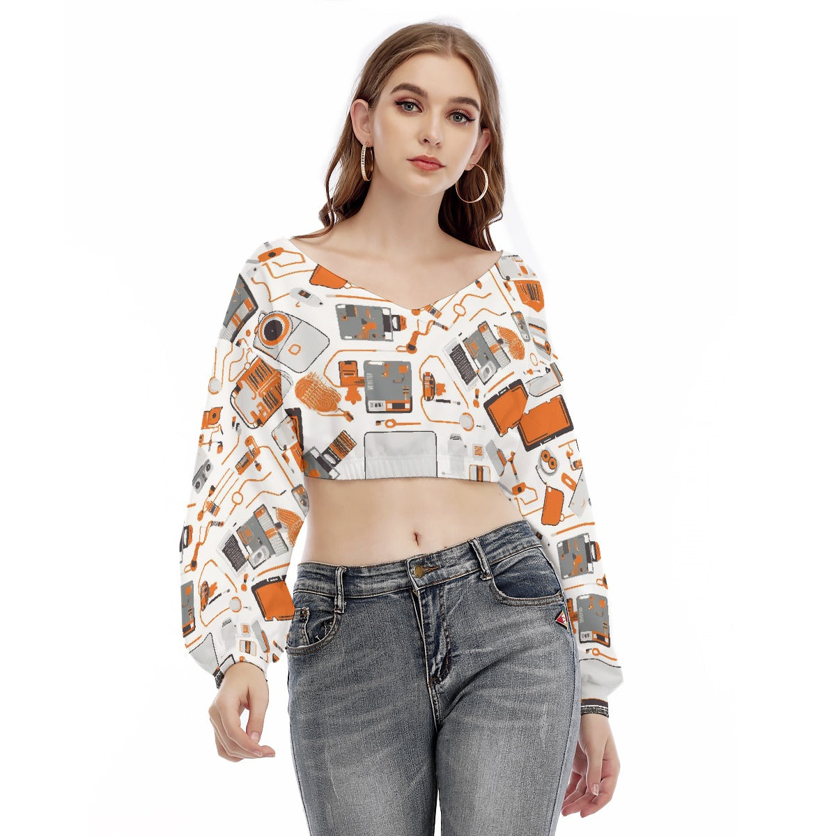All-Over Print Women's V-neck Long Sleeve Cropped Sweatshirt