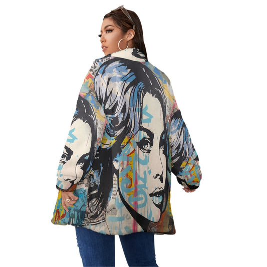 All-Over Print Unisex Borg Fleece Stand-up Collar Coat With Zipper Closure(Plus Size)