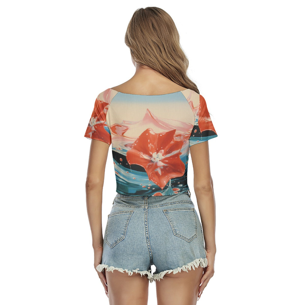 All-Over Print Women's Raglan Drawstring Front  Crop Tee