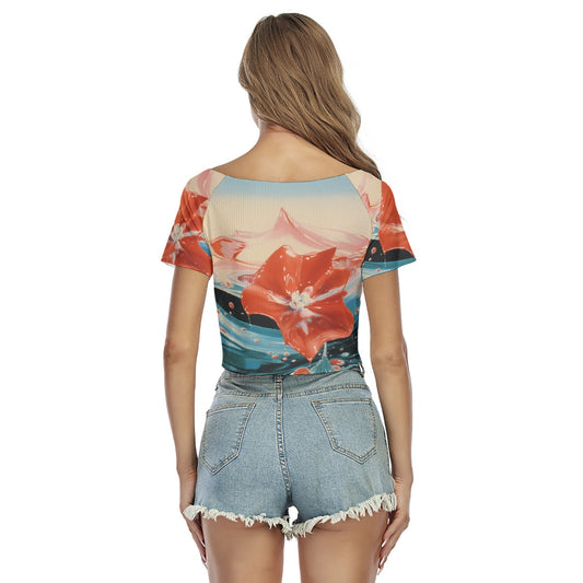 All-Over Print Women's Raglan Drawstring Front  Crop Tee