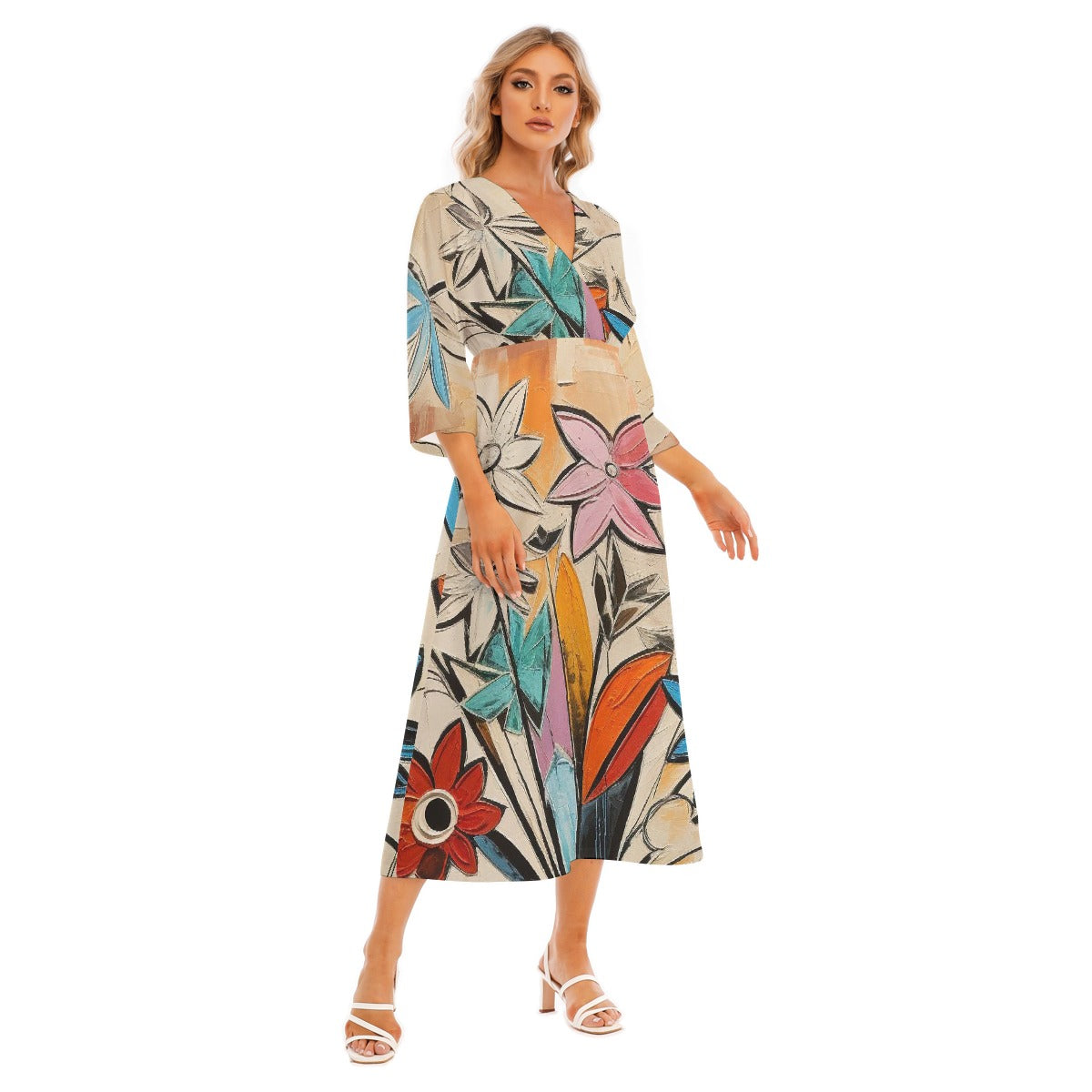 All-Over Print Women's Mid-Sleeve Long Dress