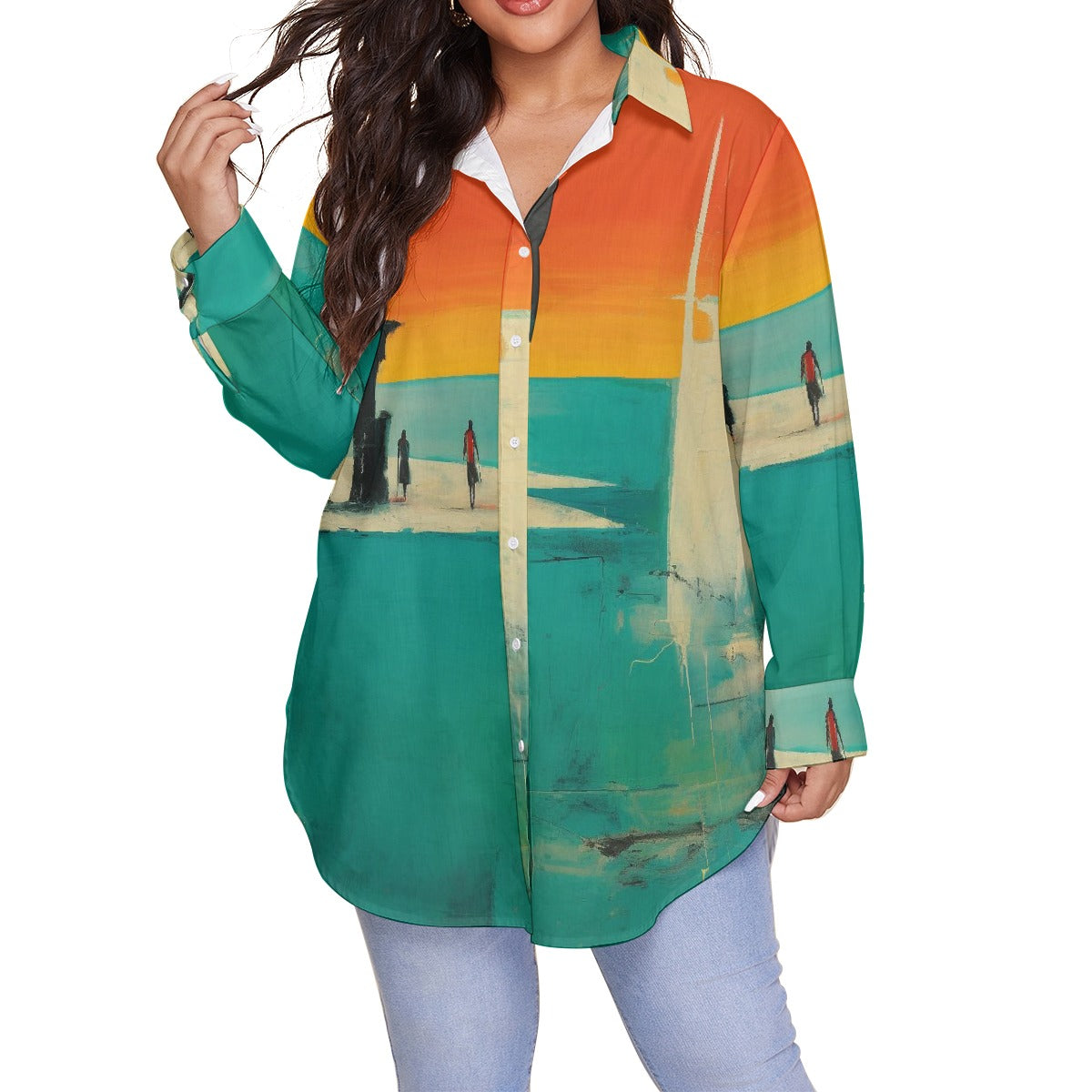 All-Over Print Women's Shirt With Long Sleeve(Plus Size)