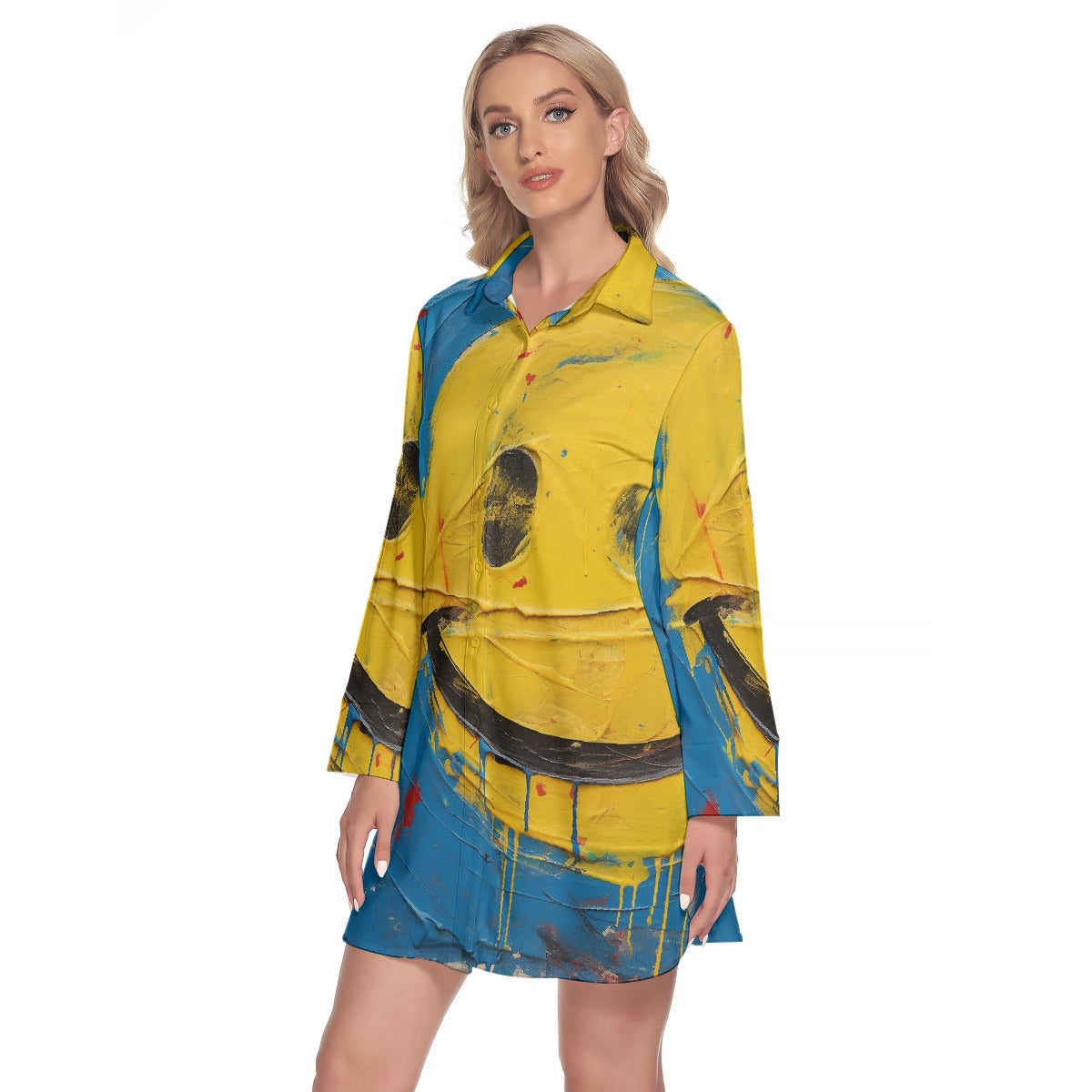 All-Over Print Women's Lapel Shirt Dress With Long Sleeve