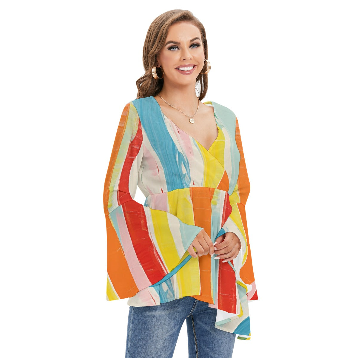 All-Over Print Women's V-neck Blouse With Flared Sleeves
