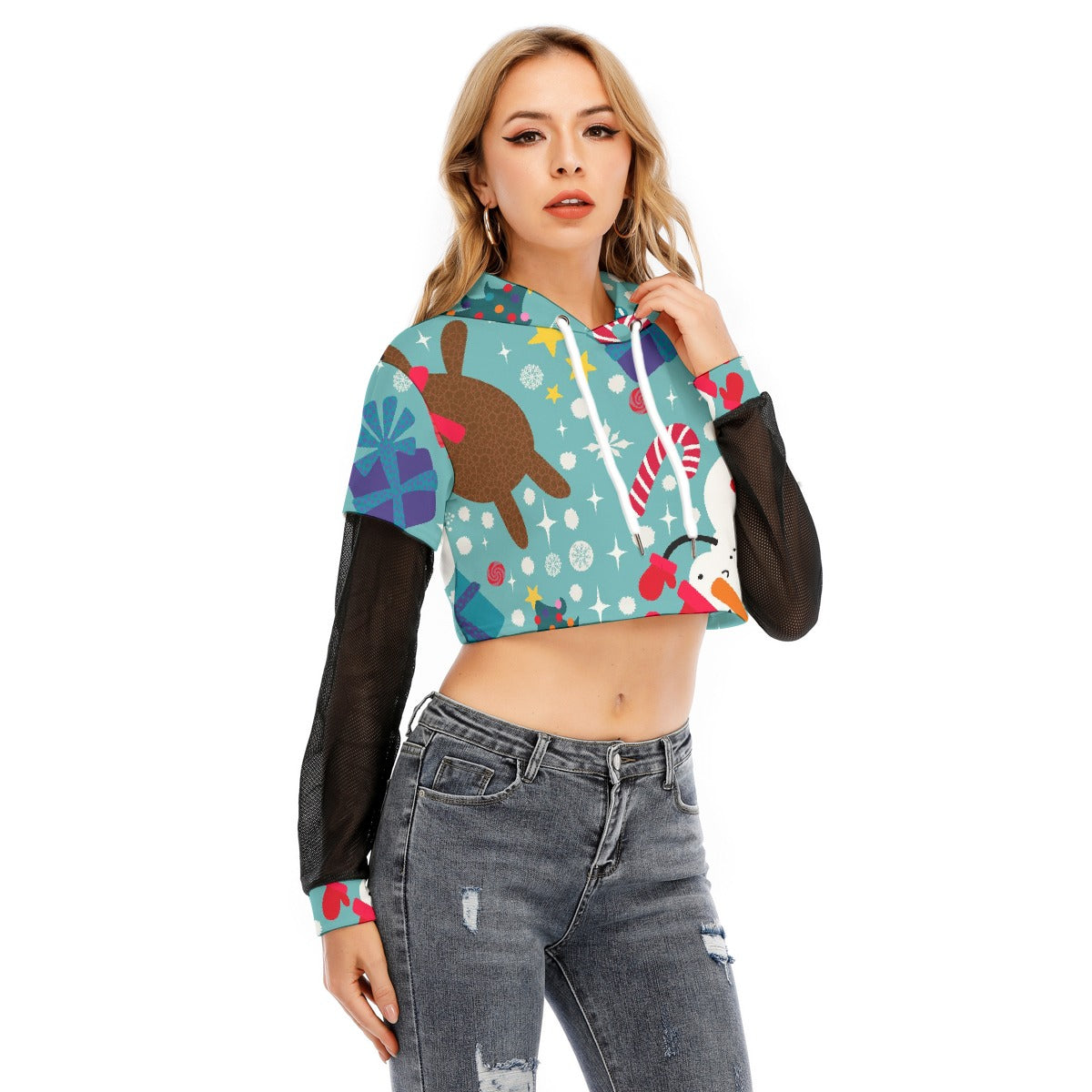 All-Over Print Women's Fake Two-piece Mesh Sleeve Cropped Hoodie