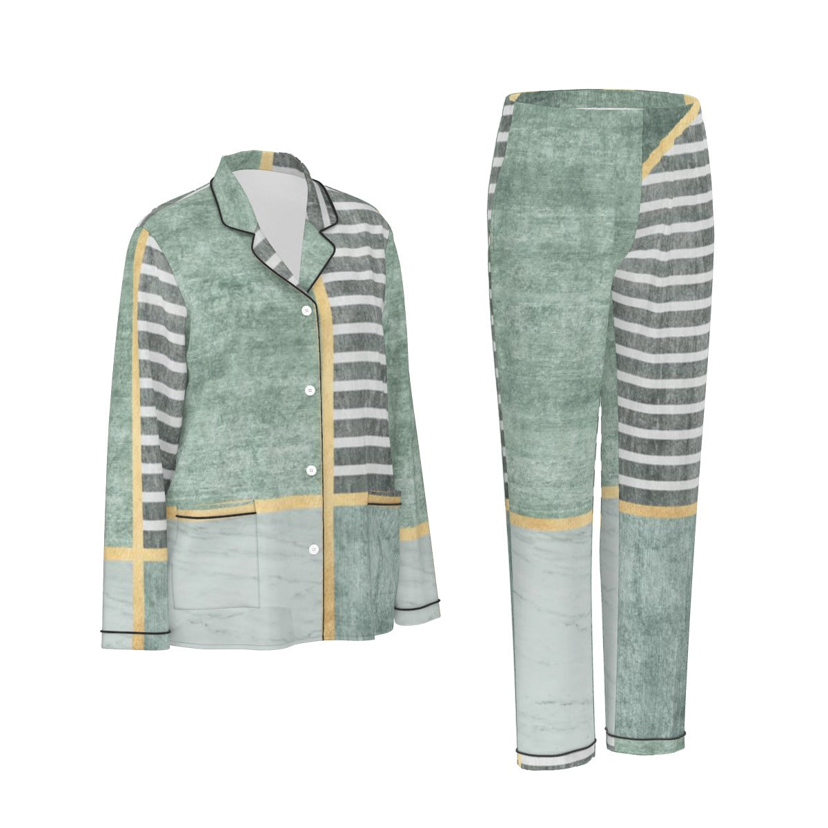 All-Over Print Women's Long Sleeve Pajama Set With Black Contrast Piping