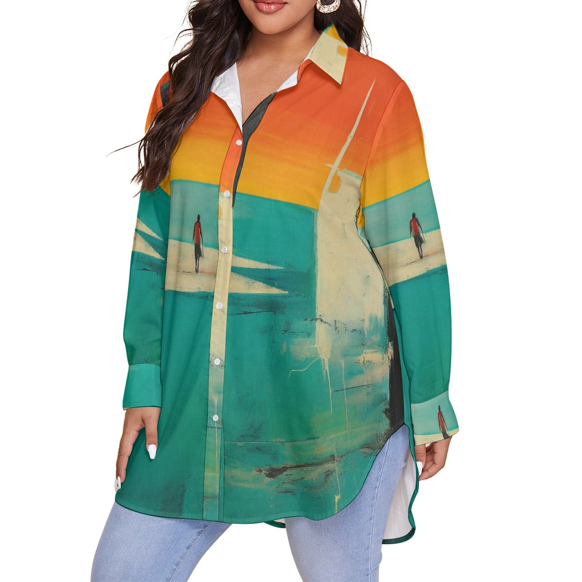 All-Over Print Women's Shirt With Long Sleeve(Plus Size)