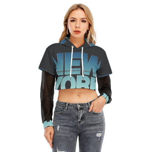 All-Over Print Women's Fake Two-piece Mesh Sleeve Cropped Hoodie