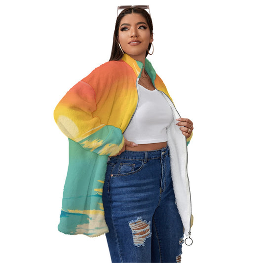 All-Over Print Unisex Borg Fleece Stand-up Collar Coat With Zipper Closure(Plus Size)