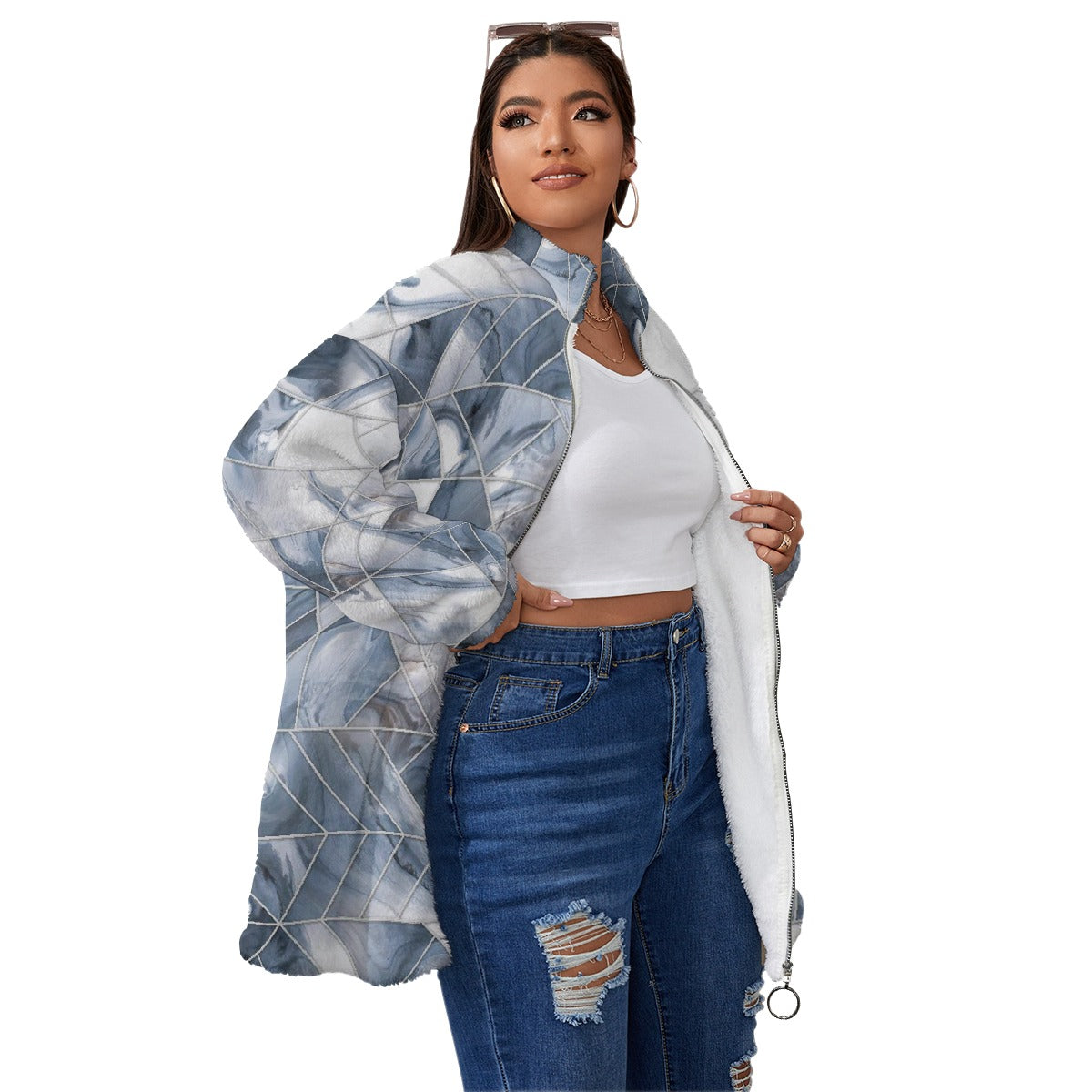 All-Over Print Unisex Borg Fleece Stand-up Collar Coat With Zipper Closure(Plus Size)