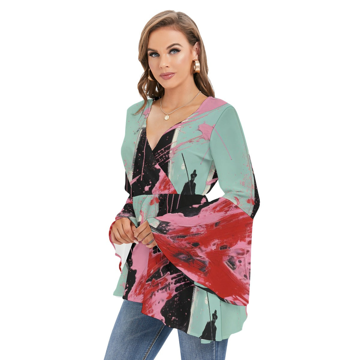 All-Over Print Women's V-neck Blouse With Flared Sleeves