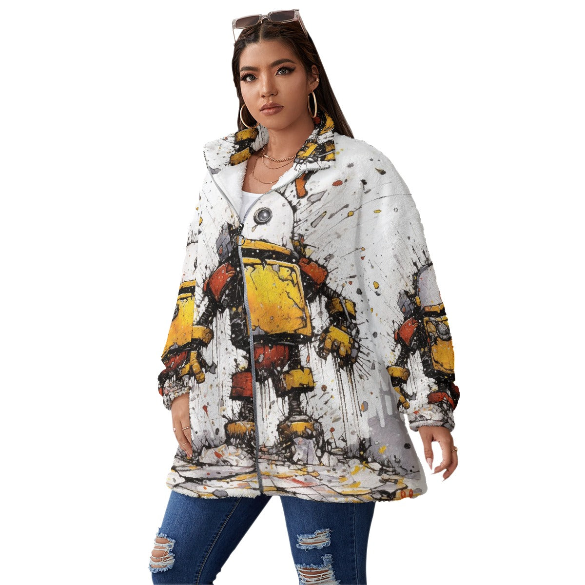All-Over Print Unisex Borg Fleece Stand-up Collar Coat With Zipper Closure(Plus Size)