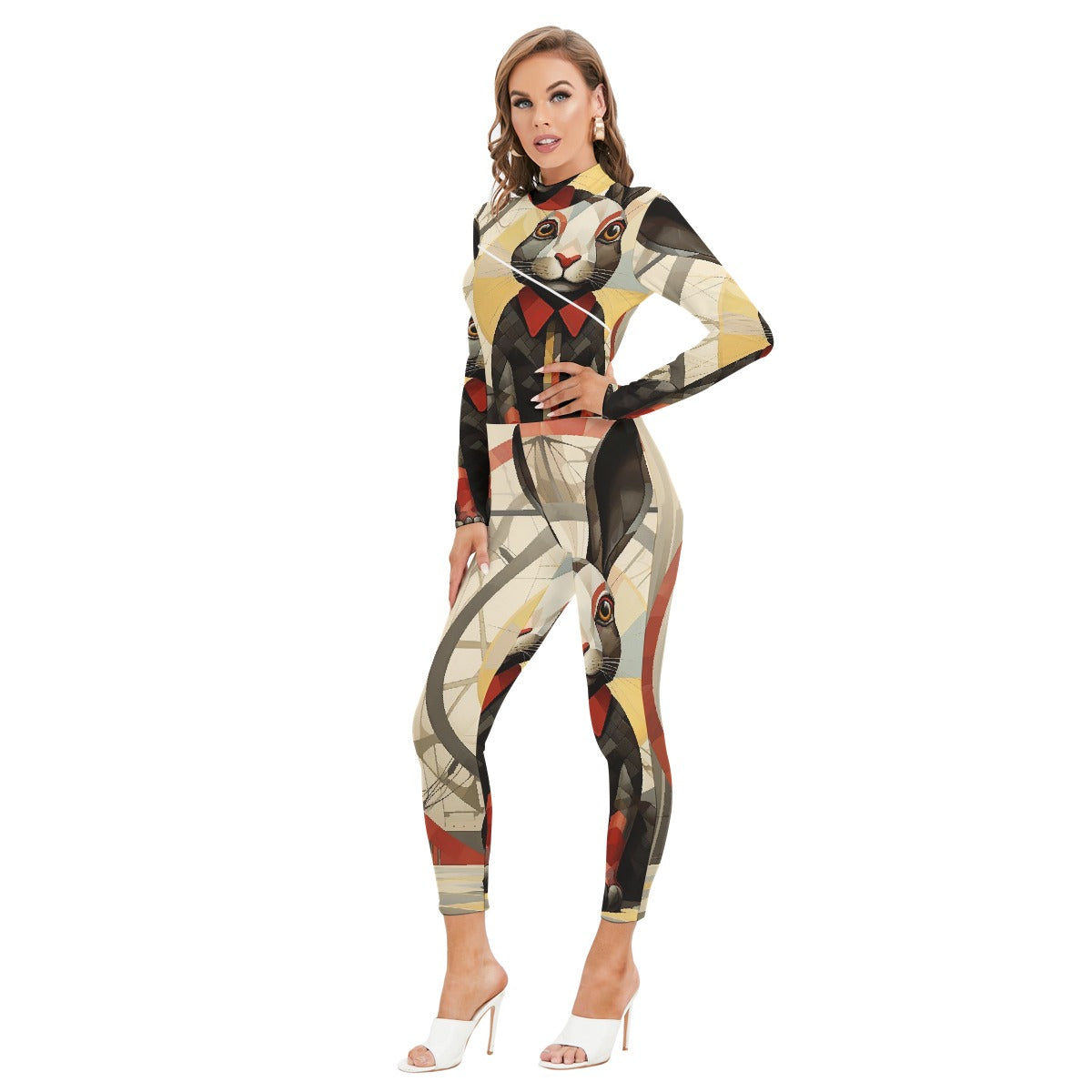 All-Over Print Women's Long-sleeved High-neck Jumpsuit With Zipper