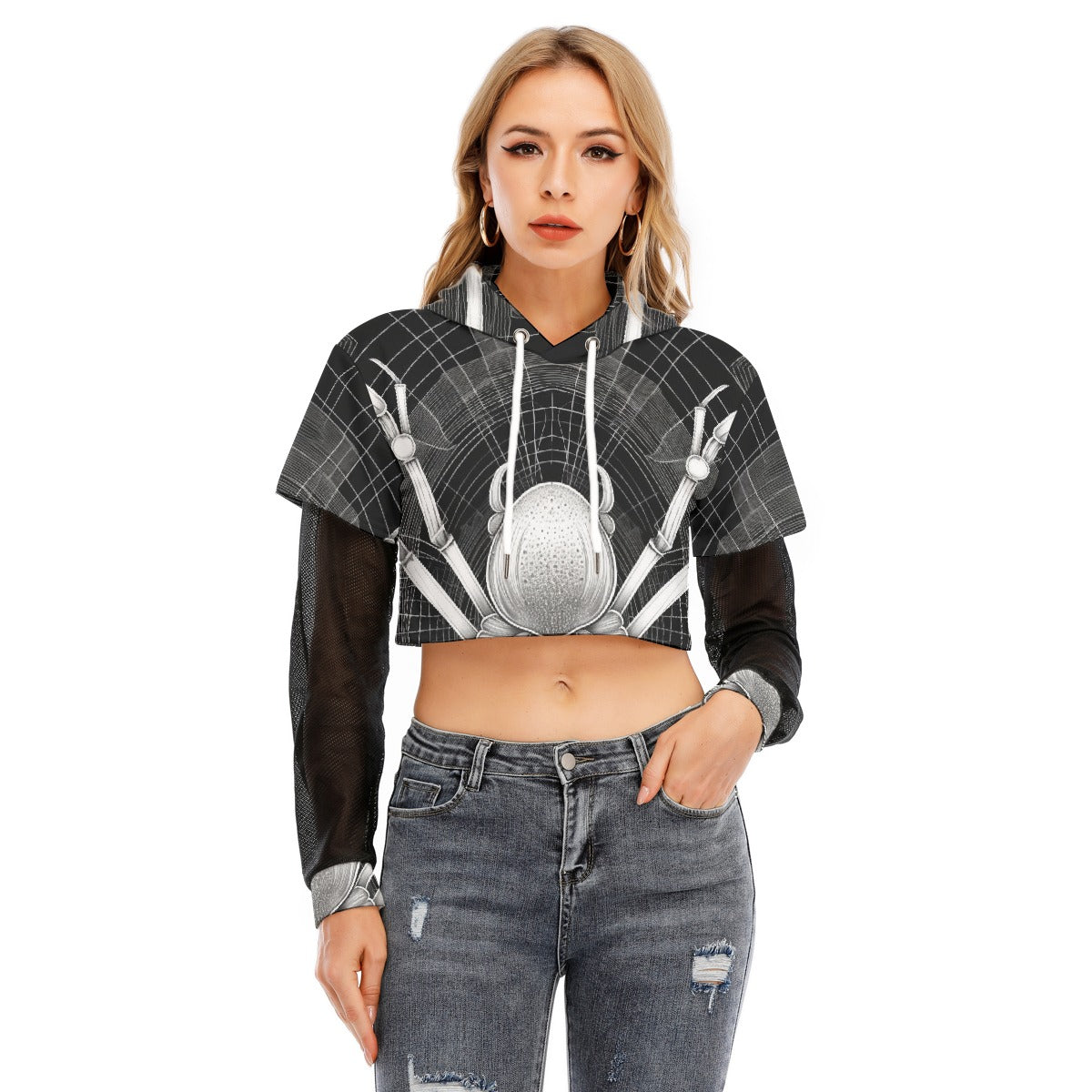 All-Over Print Women's Fake Two-piece Mesh Sleeve Cropped Hoodie