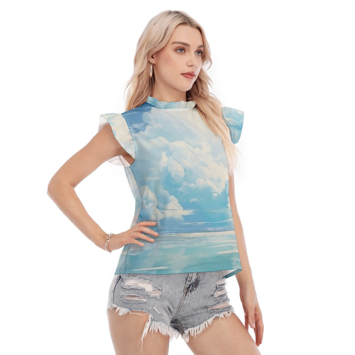 All-Over Print Women's Blouse With Ruffle Collar And Sleeve