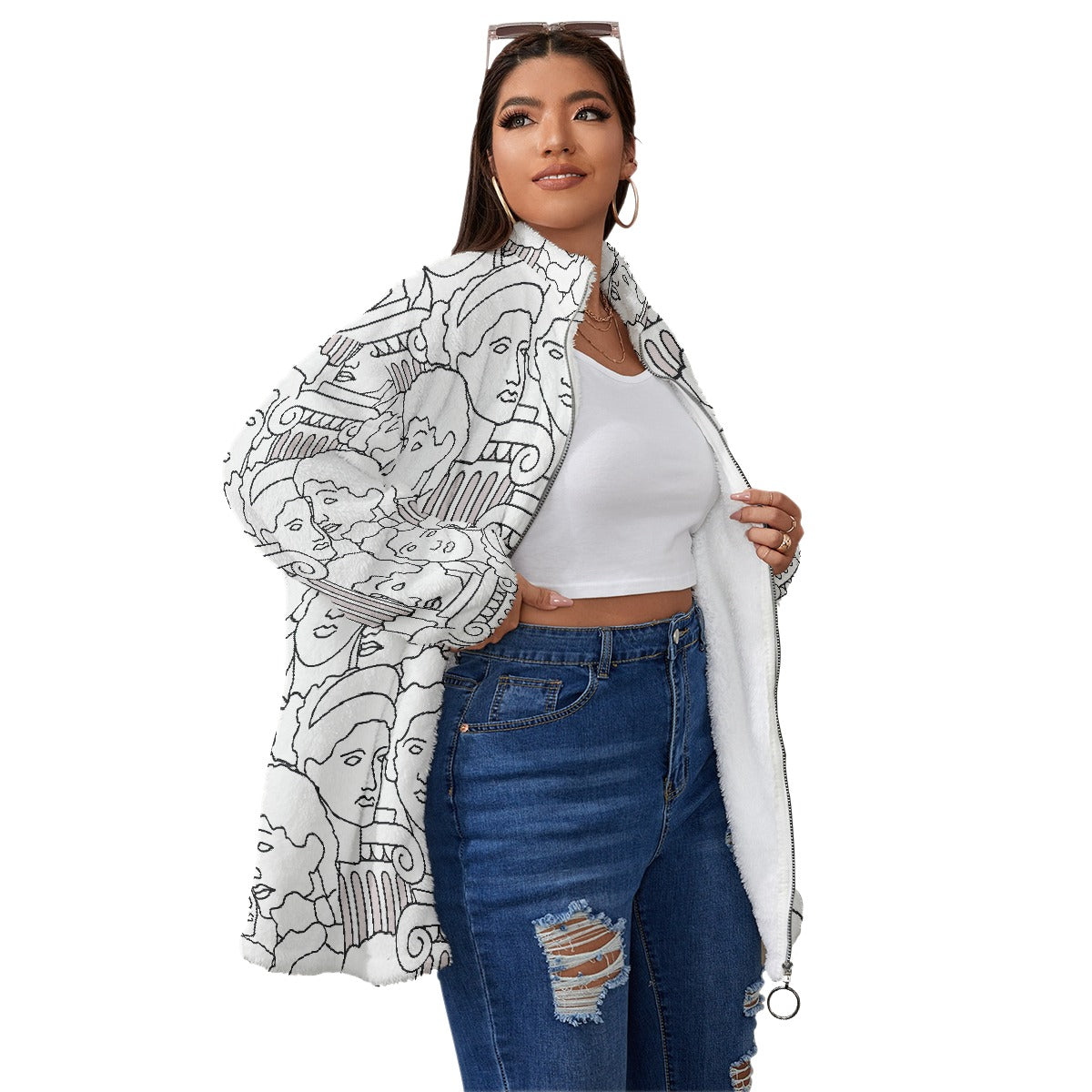 All-Over Print Unisex Borg Fleece Stand-up Collar Coat With Zipper Closure(Plus Size)