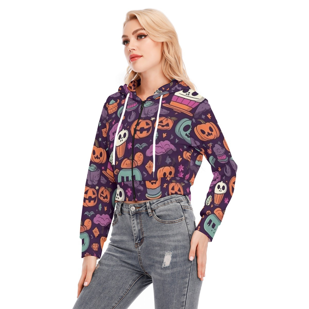 All-Over Print Women's Crop Top Hoodie With Zipper Closure