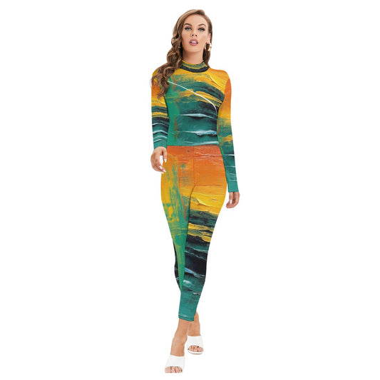 All-Over Print Women's Long-sleeved High-neck Jumpsuit With Zipper