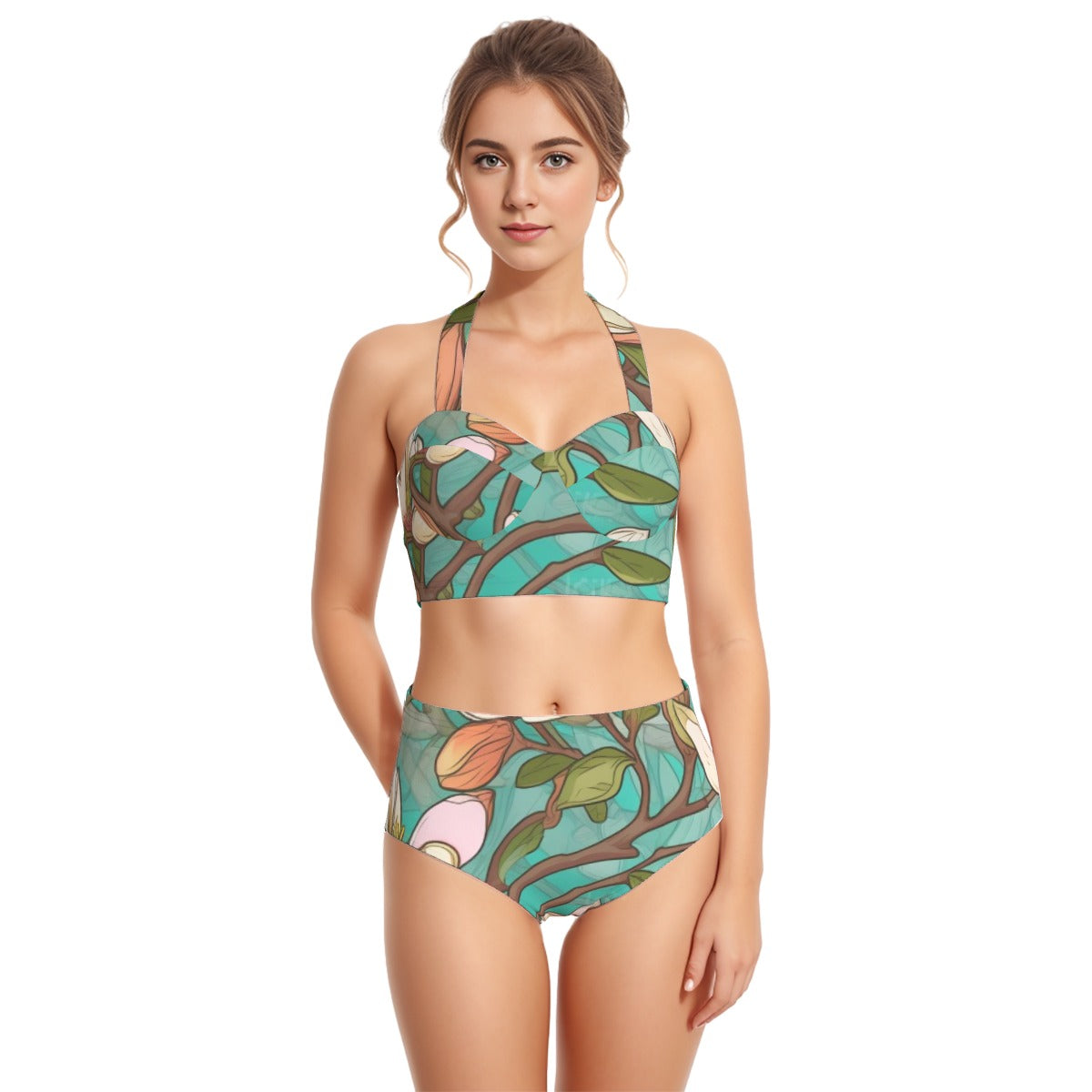 All-Over Print Women's Swimsuit Set With Halter