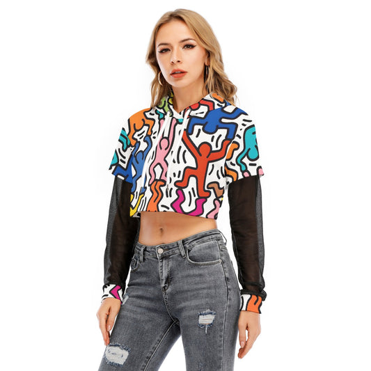 All-Over Print Women's Fake Two-piece Mesh Sleeve Cropped Hoodie