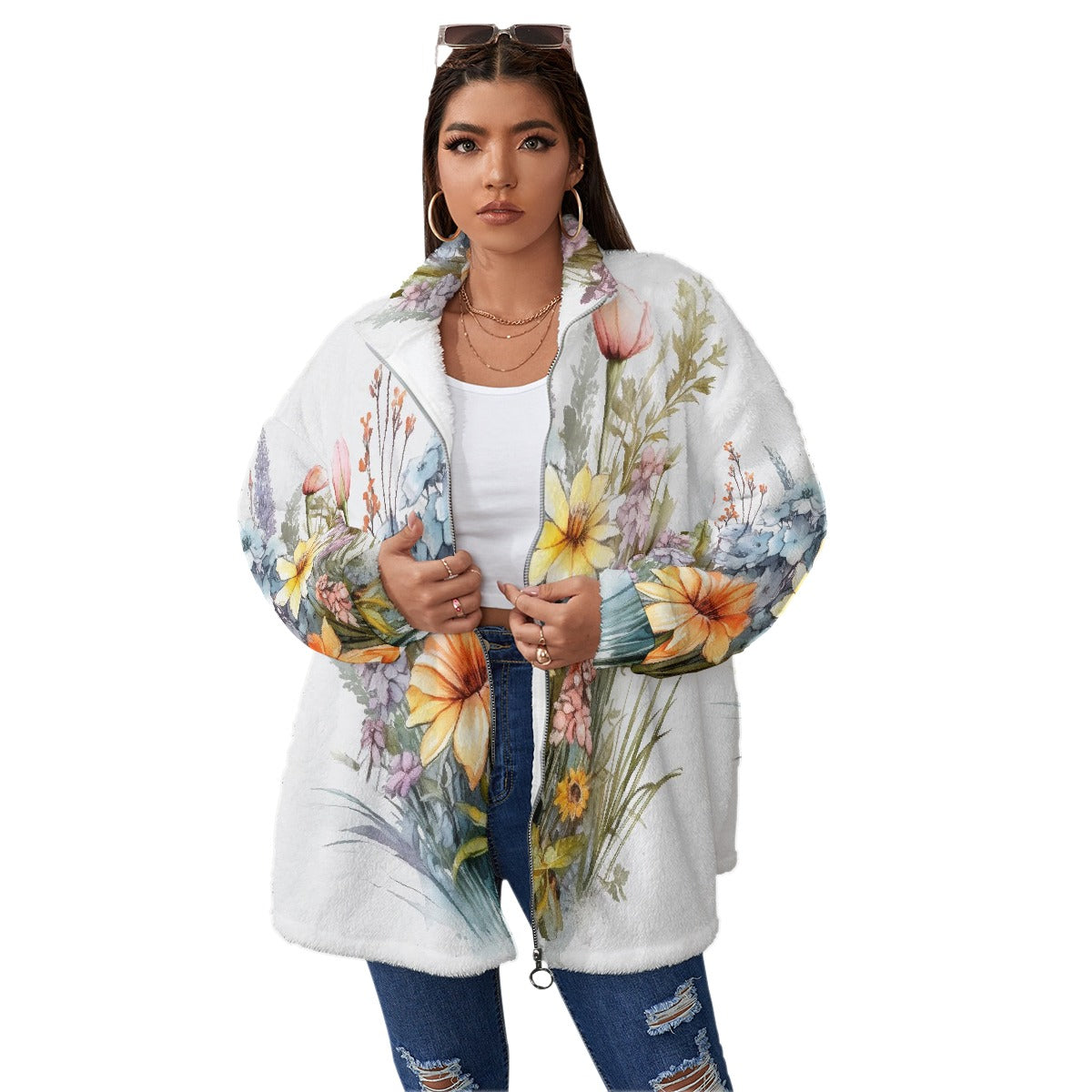 All-Over Print Unisex Borg Fleece Stand-up Collar Coat With Zipper Closure(Plus Size)