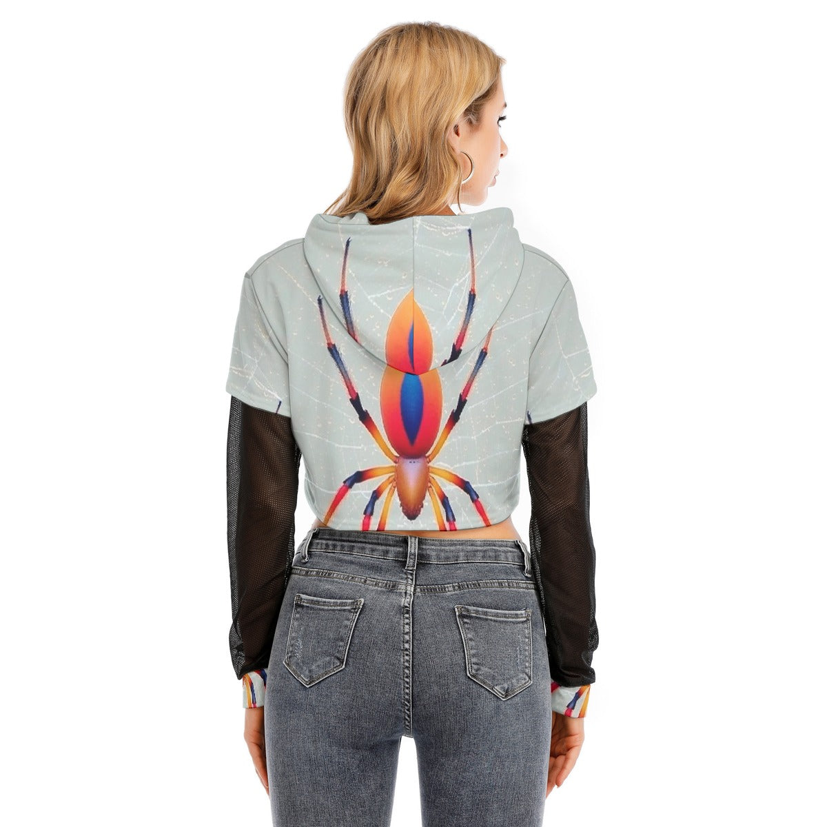 All-Over Print Women's Fake Two-piece Mesh Sleeve Cropped Hoodie