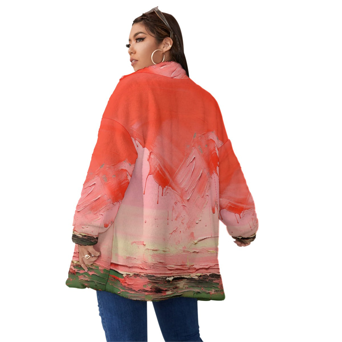 All-Over Print Unisex Borg Fleece Stand-up Collar Coat With Zipper Closure(Plus Size)