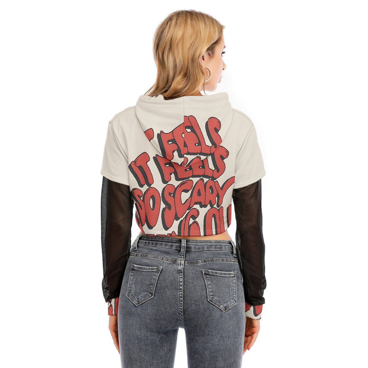 All-Over Print Women's Fake Two-piece Mesh Sleeve Cropped Hoodie