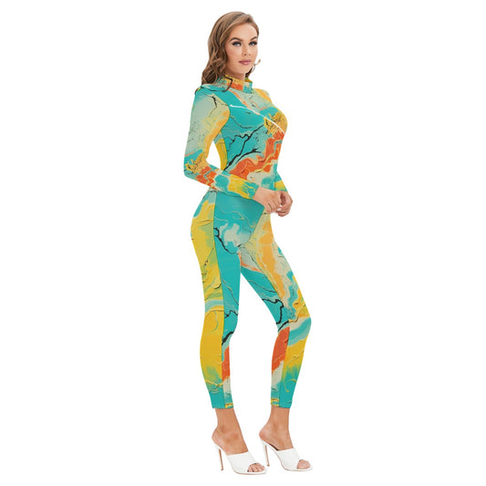 All-Over Print Women's Long-sleeved High-neck Jumpsuit With Zipper