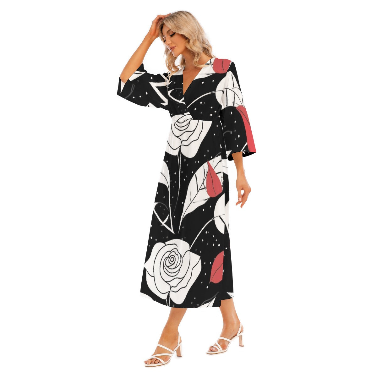 All-Over Print Women's Mid-Sleeve Long Dress