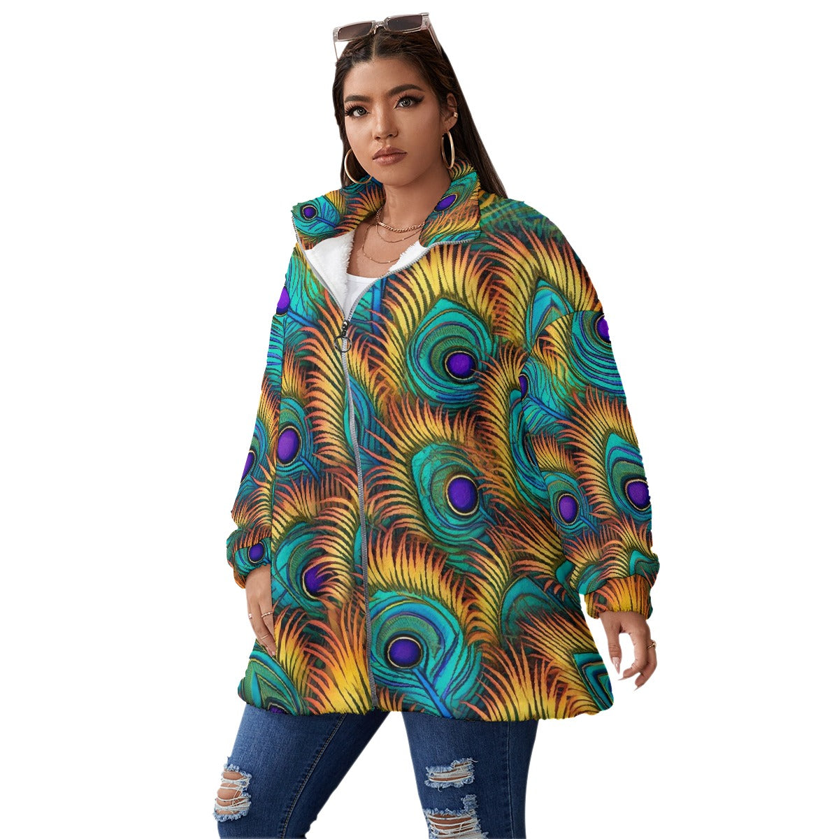 All-Over Print Unisex Borg Fleece Stand-up Collar Coat With Zipper Closure(Plus Size)