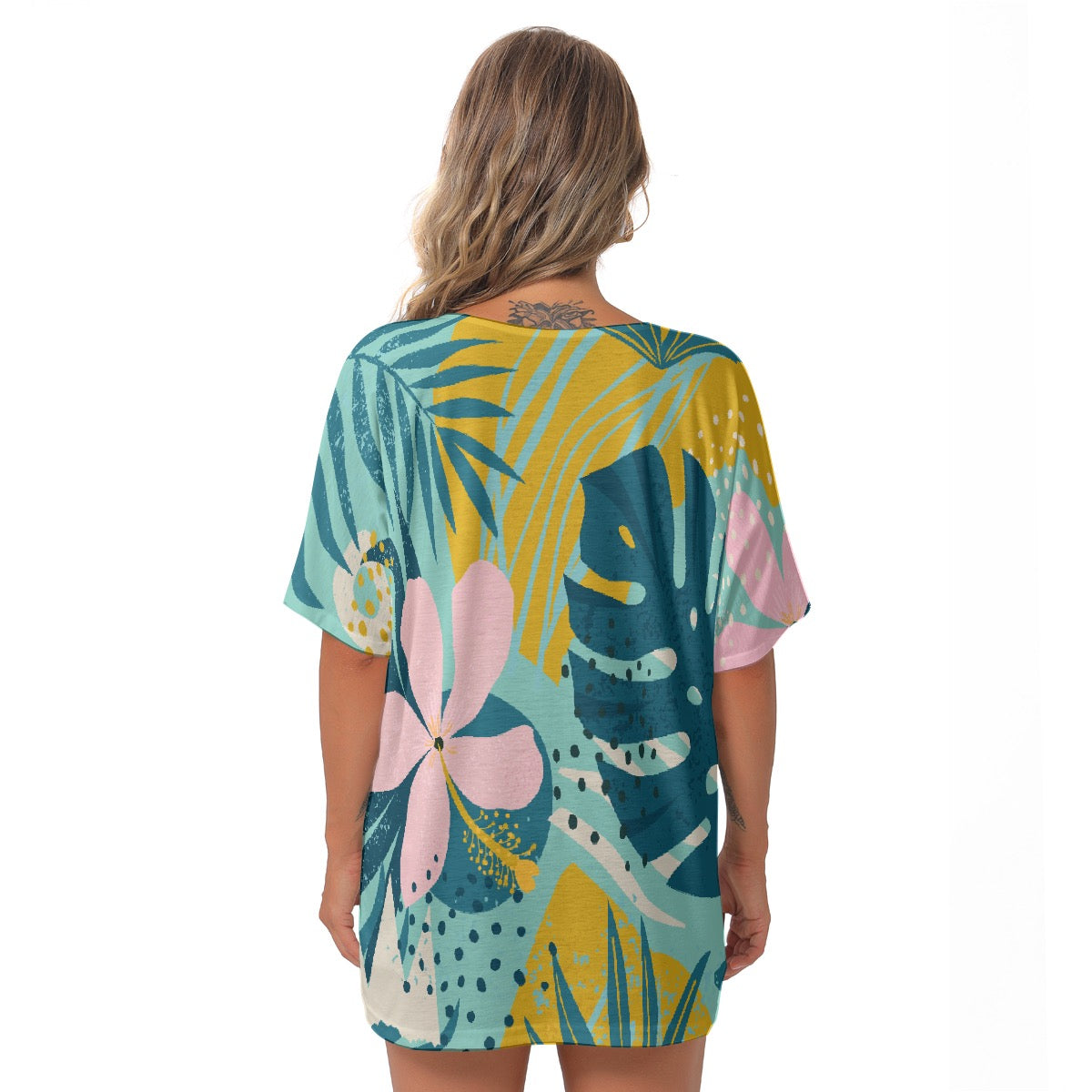 All-Over Print Women's Bat Sleeves V-Neck Blouse