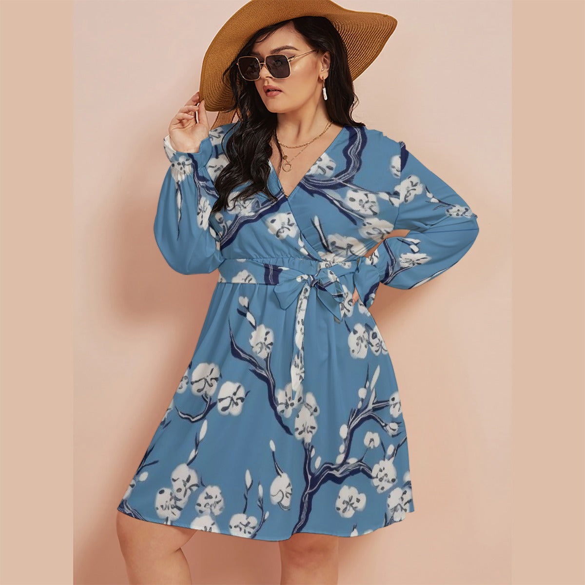 All-Over Print Women's V-neck Dress With Waistband(Plus Size)