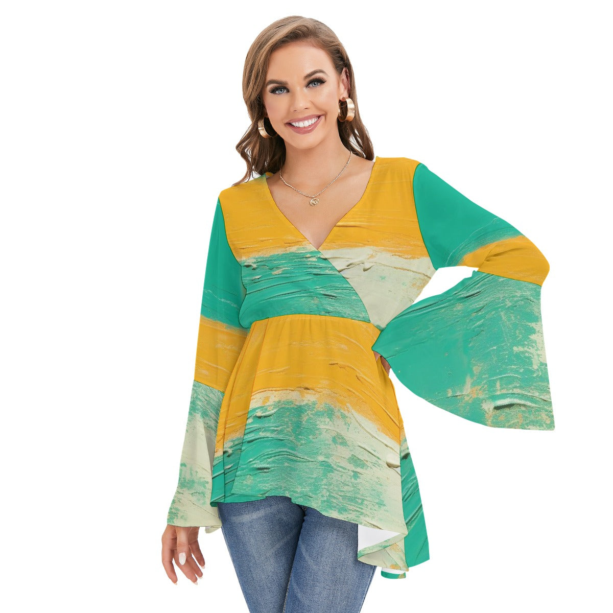 All-Over Print Women's V-neck Blouse With Flared Sleeves
