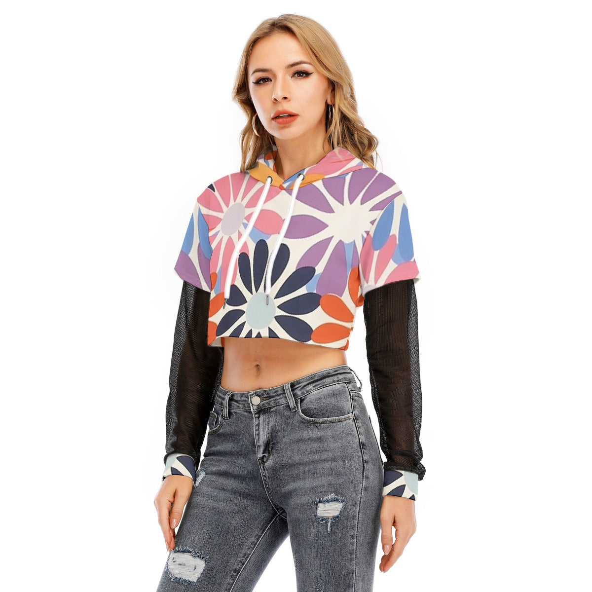 All-Over Print Women's Fake Two-piece Mesh Sleeve Cropped Hoodie