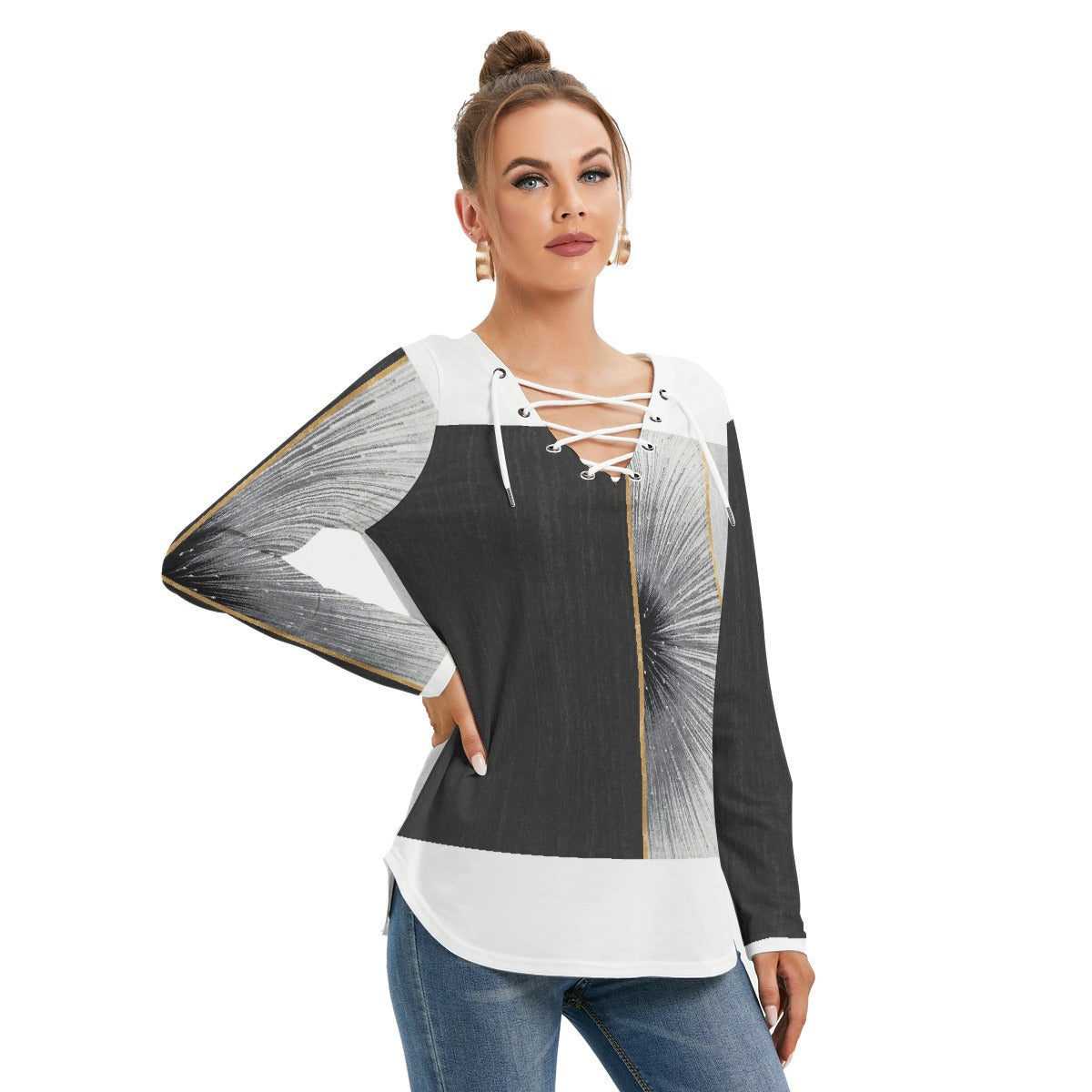 All-Over Print Women's Long Sleeve Neckline Tie Sweatshirt