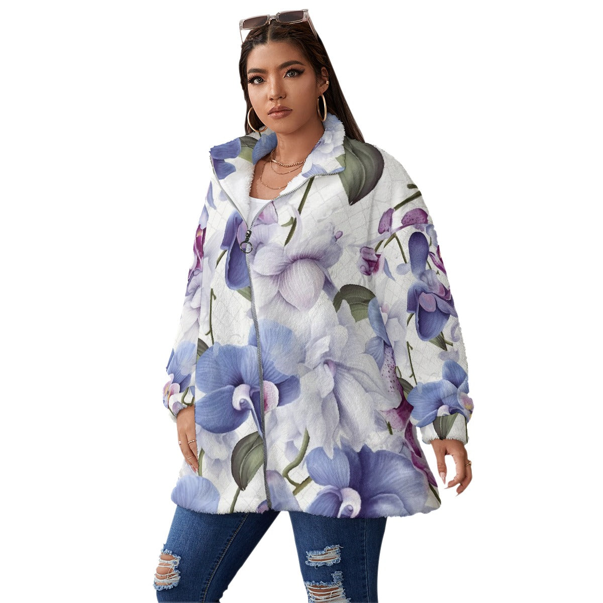 All-Over Print Unisex Borg Fleece Stand-up Collar Coat With Zipper Closure(Plus Size)