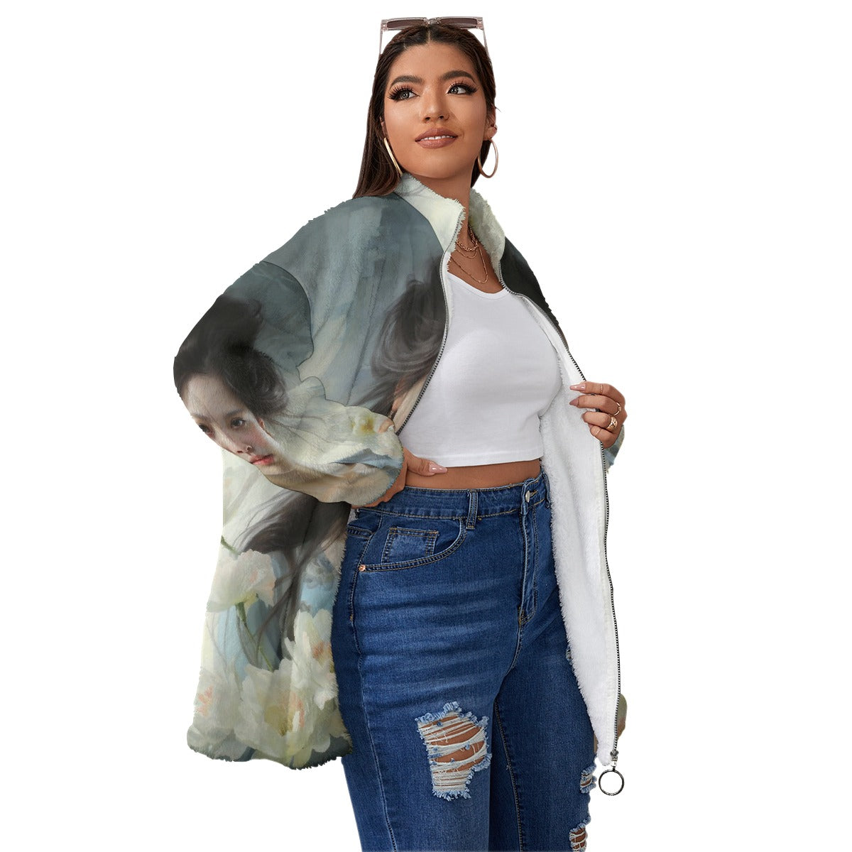 All-Over Print Unisex Borg Fleece Stand-up Collar Coat With Zipper Closure(Plus Size)