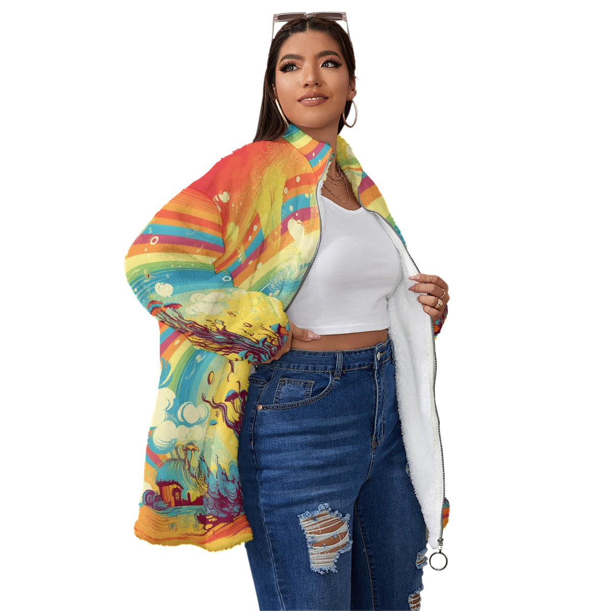 All-Over Print Unisex Borg Fleece Stand-up Collar Coat With Zipper Closure(Plus Size)