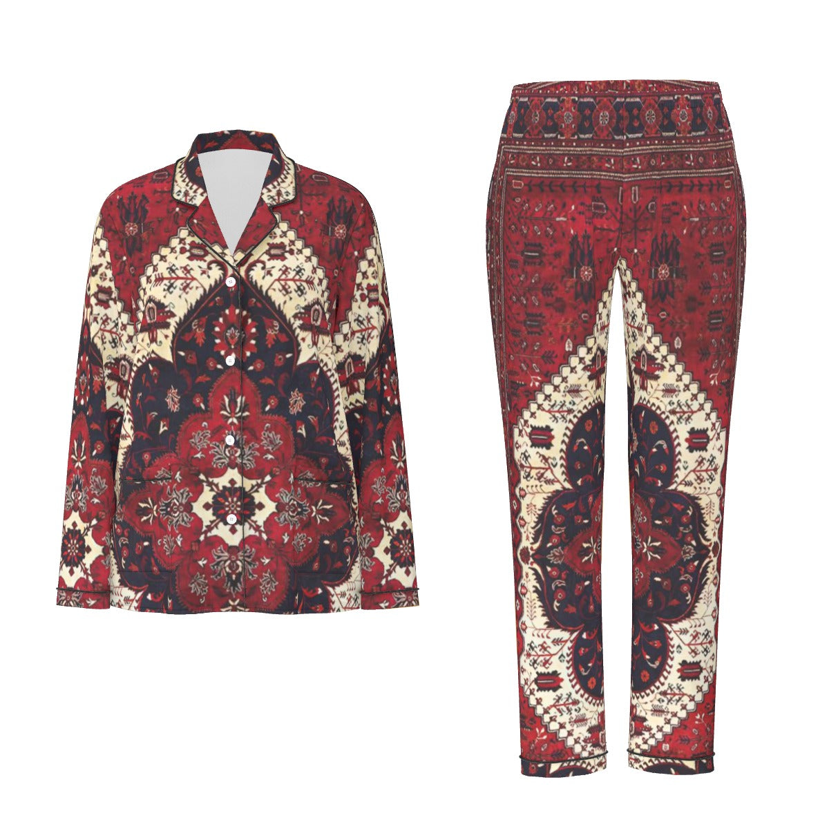 All-Over Print Women's Long Sleeve Pajama Set With Black Contrast Piping