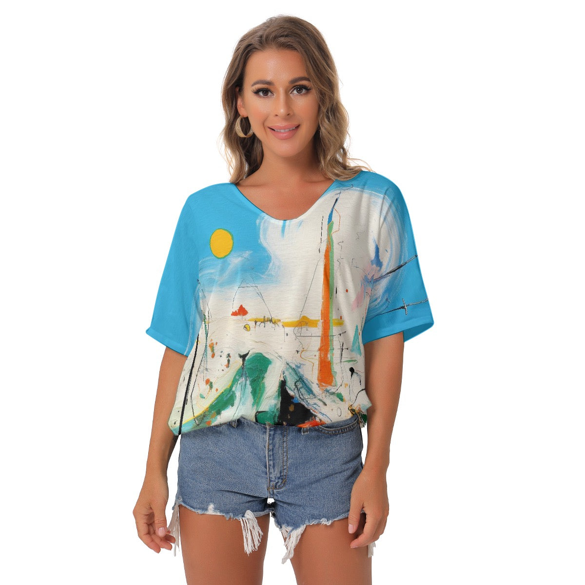 All-Over Print Women's Bat Sleeves V-Neck Blouse