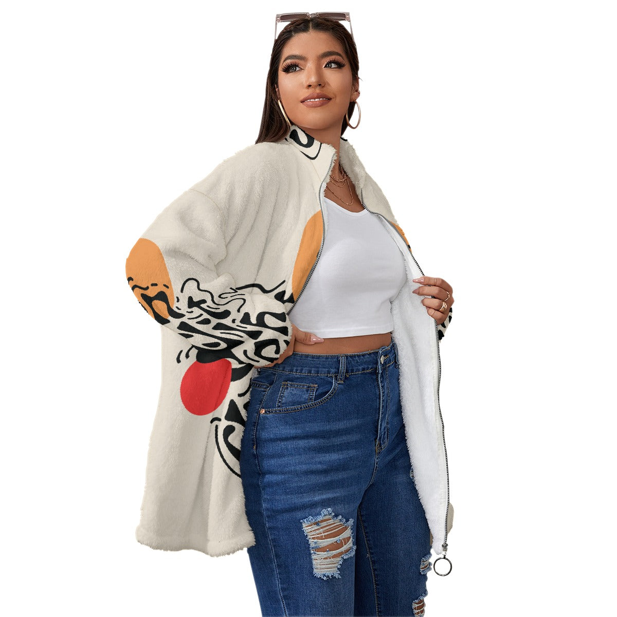 All-Over Print Unisex Borg Fleece Stand-up Collar Coat With Zipper Closure(Plus Size)