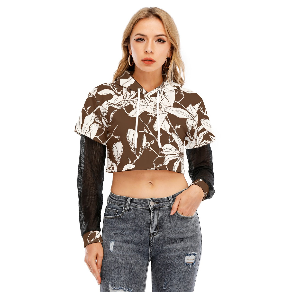 All-Over Print Women's Fake Two-piece Mesh Sleeve Cropped Hoodie