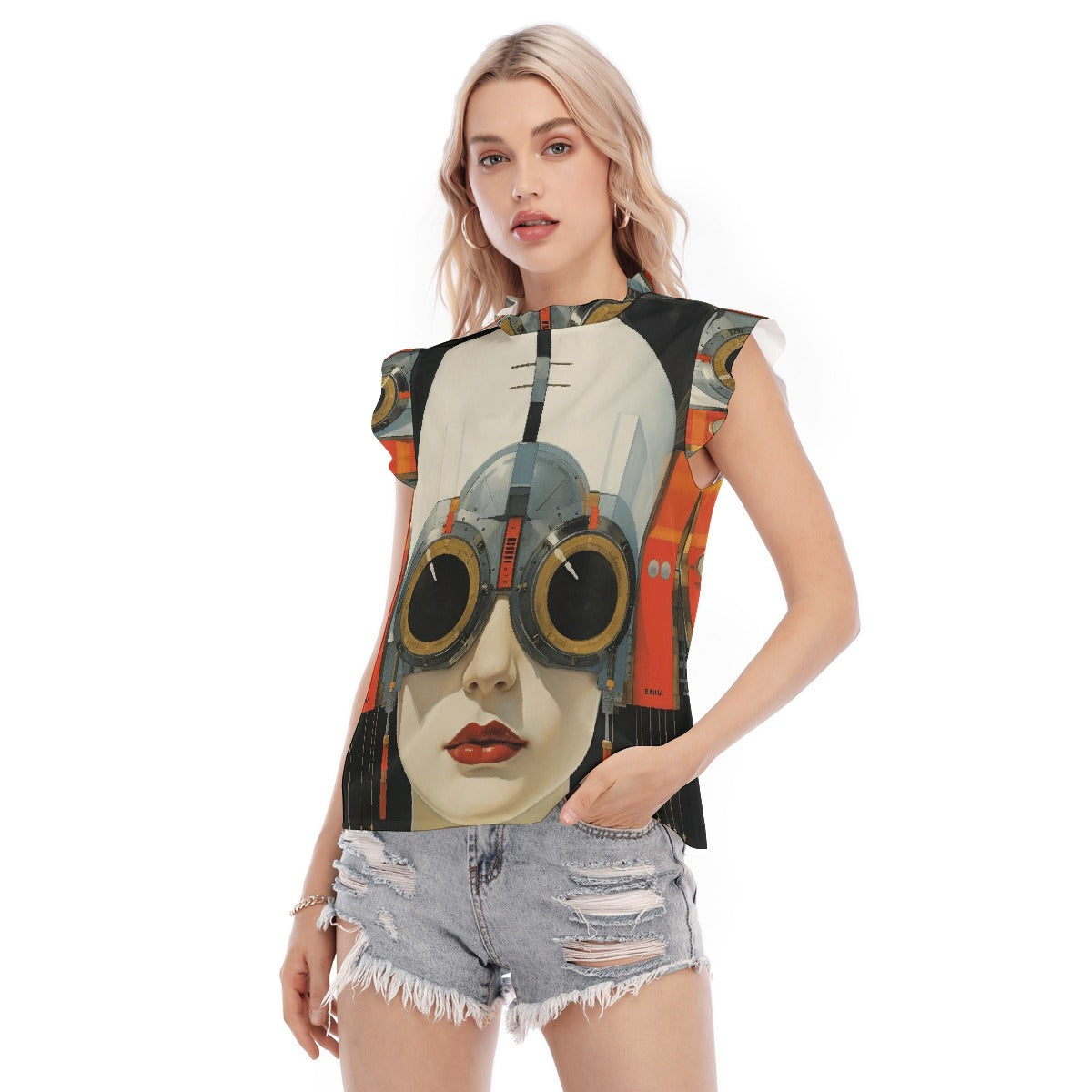 All-Over Print Women's Blouse With Ruffle Collar And Sleeve