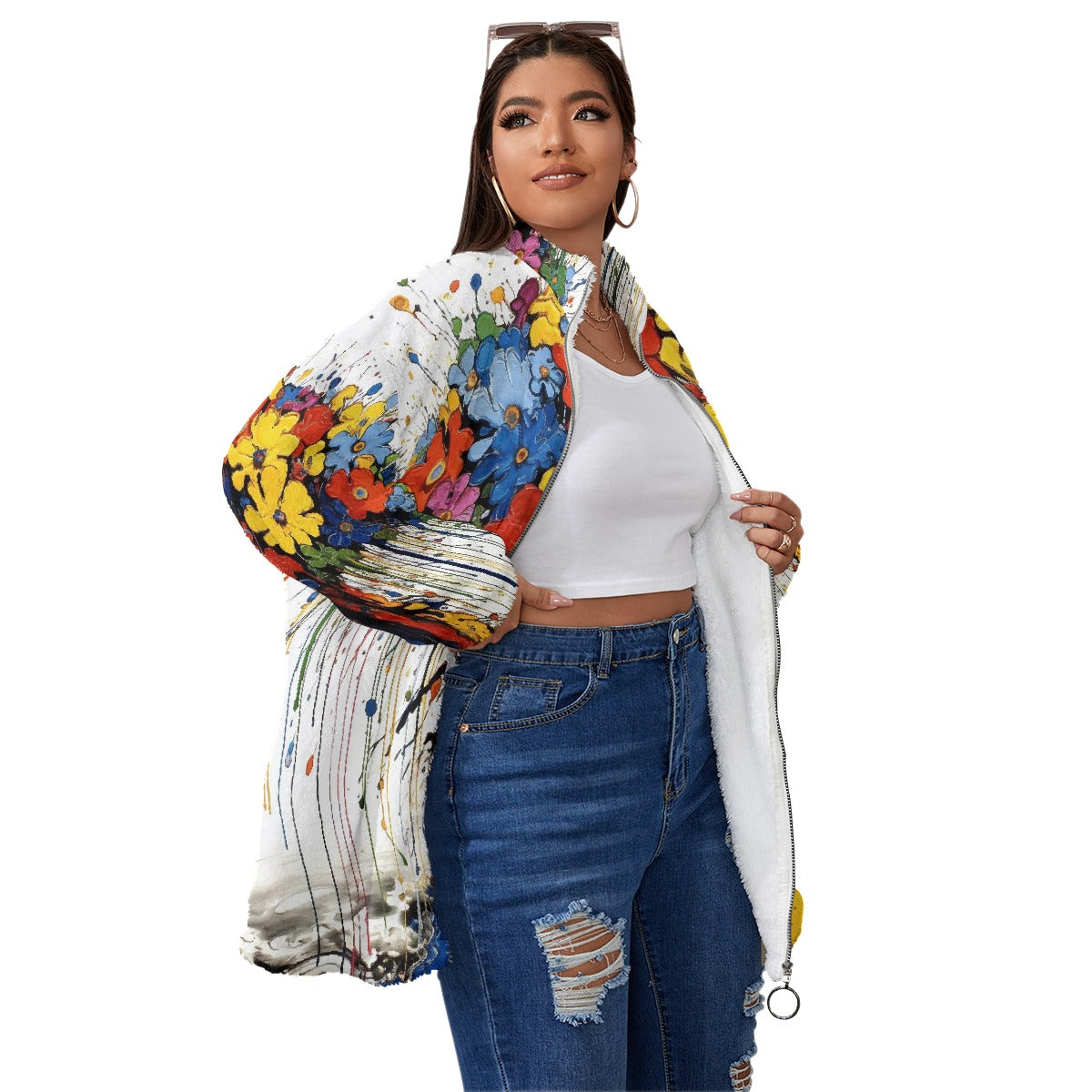 All-Over Print Unisex Borg Fleece Stand-up Collar Coat With Zipper Closure(Plus Size)