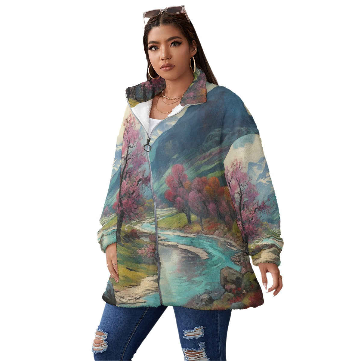 All-Over Print Unisex Borg Fleece Stand-up Collar Coat With Zipper Closure(Plus Size)