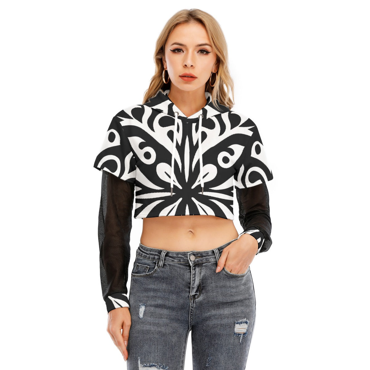 All-Over Print Women's Fake Two-piece Mesh Sleeve Cropped Hoodie