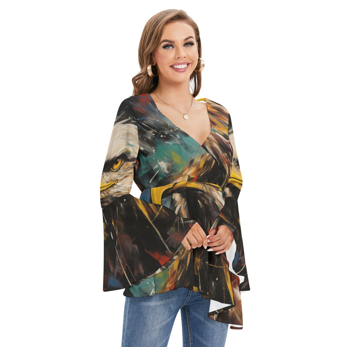 All-Over Print Women's V-neck Blouse With Flared Sleeves
