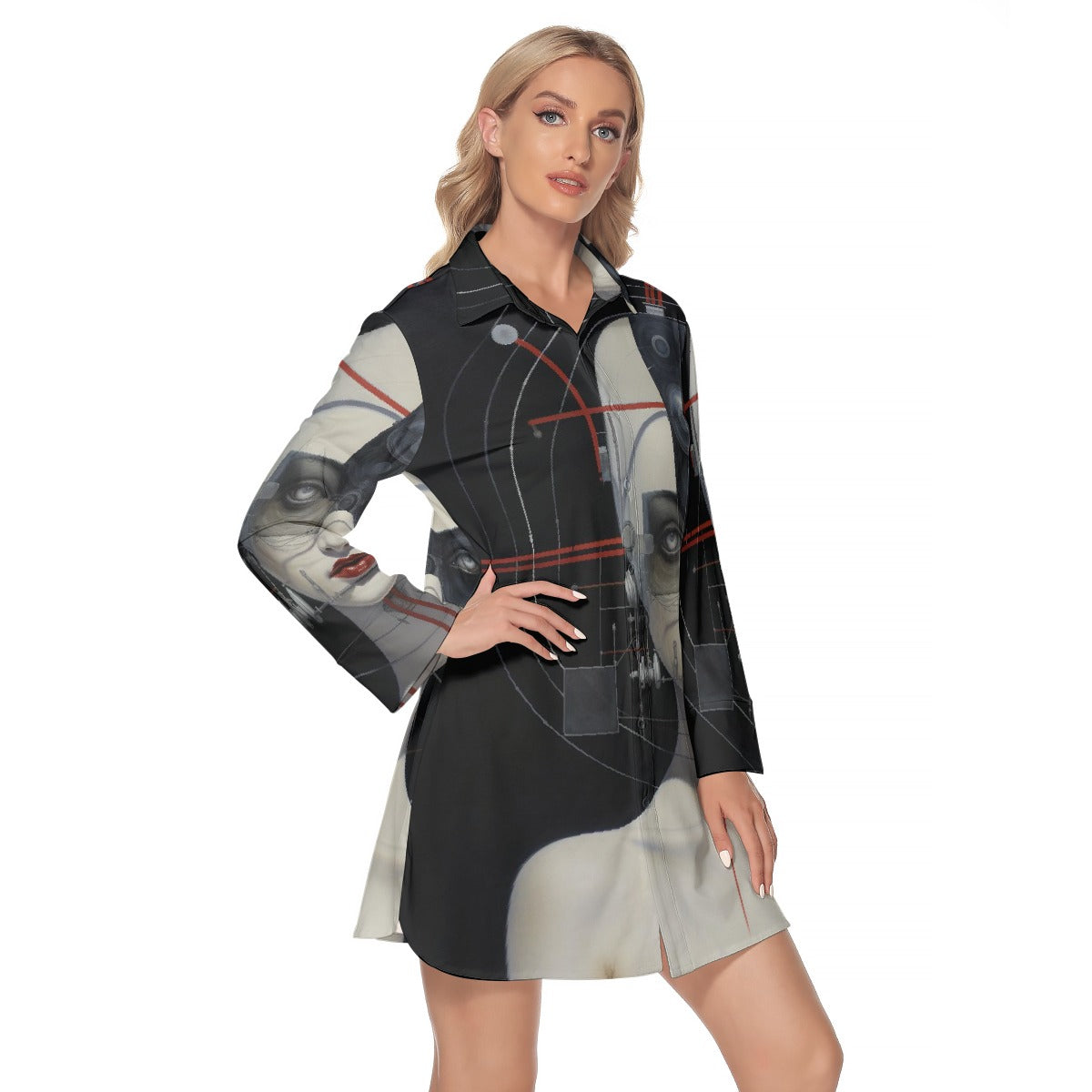 All-Over Print Women's Lapel Shirt Dress With Long Sleeve